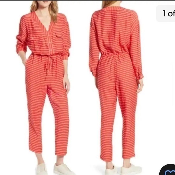 🍕🍍CLOSEOUT LOU & GREY Sunny Stripe Tie Waist Jumpsuit red white Easy Wear - Picture 1 of 11